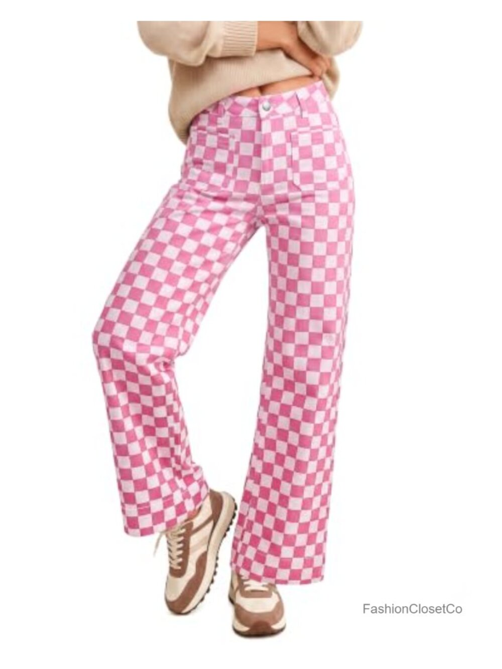 Women's High Waisted Wide Leg Stretchy Checkered Jeans Y2K Denim